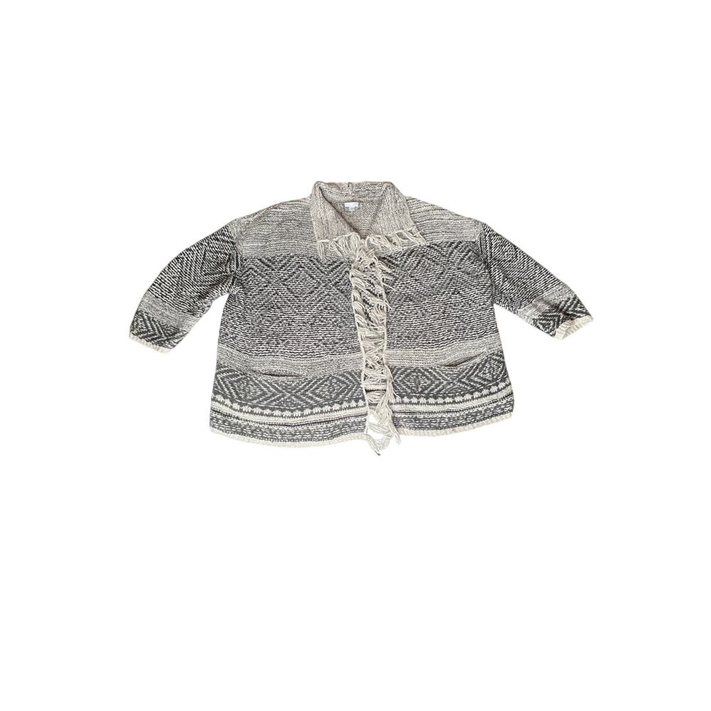 J.Jill size 3X cardigan, black/gray/cream pockets 3/4 Boho fringe open front - Picture 2 of 8